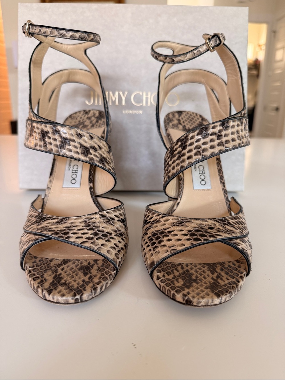 Jimmy Choo Beige Snake-Print Falcon 100 Leather Strappy Block Heels